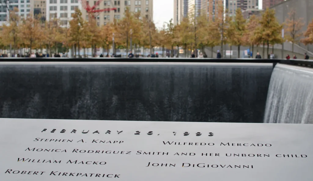 9/11 Memorial and Museum Tickets: Prices, Free Days, Hours 3 Names panel at the 9/11 Memorial listing the six people killed in the February 26, 1993 World Trade Center bombing