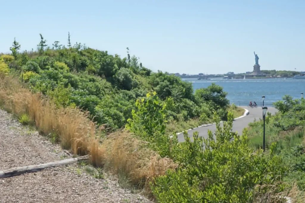Governors Island: Free Ferries, Fort Hours, and the Rules Nobody Prints 4 A path over the Hills on Governors Island, with the bike route below and the Statue of Liberty across the harbour