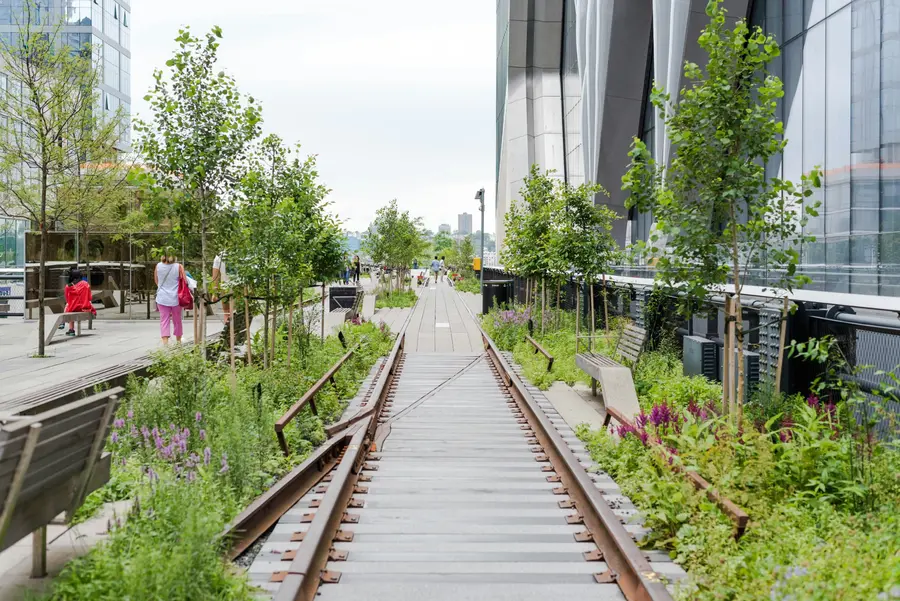 The High Line NYC: Complete Visitor Guide (Free, Hours & Tips) 1 Preserved steel railroad tracks surrounded by wildflowers and green plants on the High Line elevated park walkway in Manhattan New York City